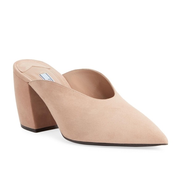 Prada / Calzature Donna suede v cut block heel mule in nude natural 6 36 - Picture 1 of 5